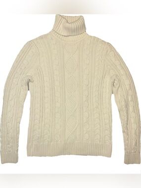 Pria Women’s Cable Knit Turtleneck Sweater Cream Size L Chunky Cotton